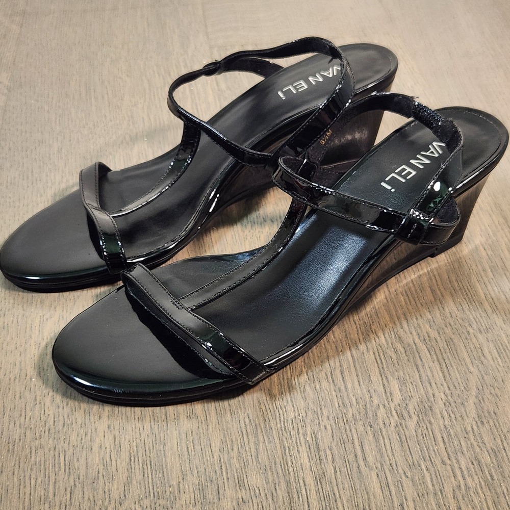 New VANELI Black Patent Leather Strappy Buckle Wedge Sandals Women's 6.5 Casual